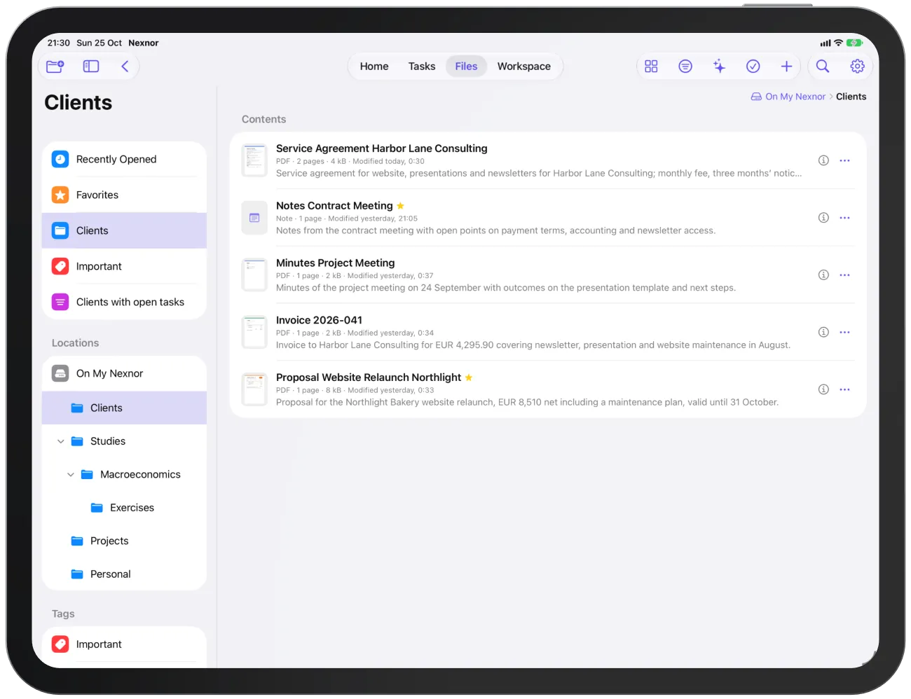 Files on iPad: the sidebar with folder tree and tags on the left, the contents of a folder on the right.