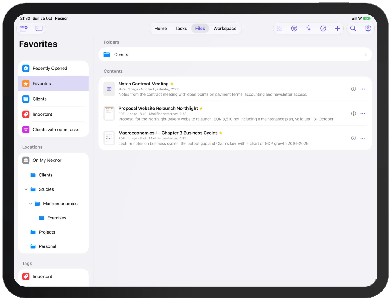 The “Favorites” view with a favourite folder and starred files.