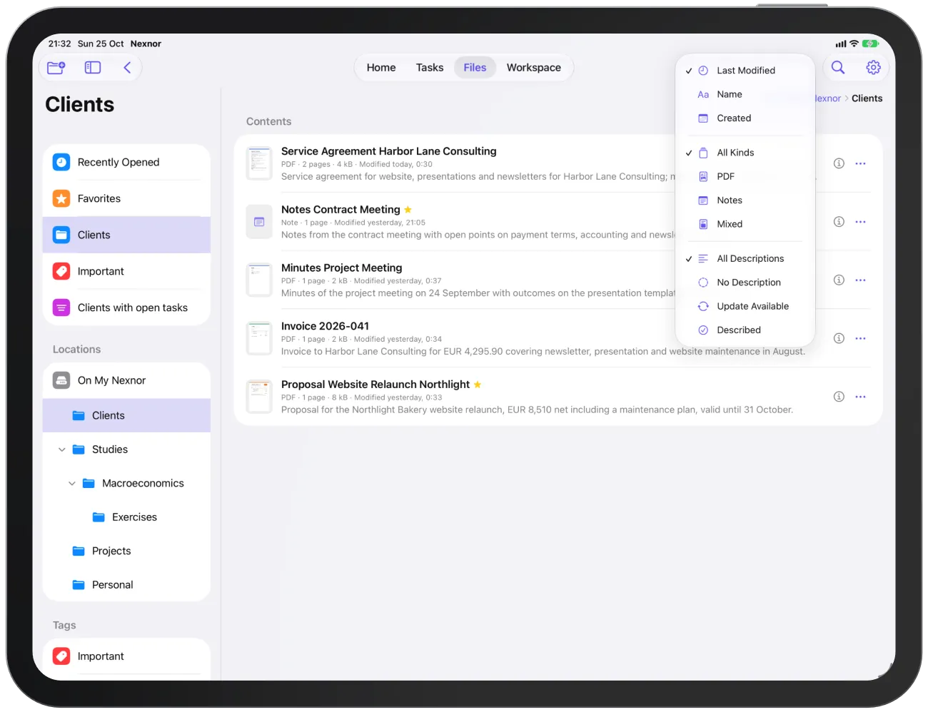 The “Sort and Filter” menu with sort order, kind and description.