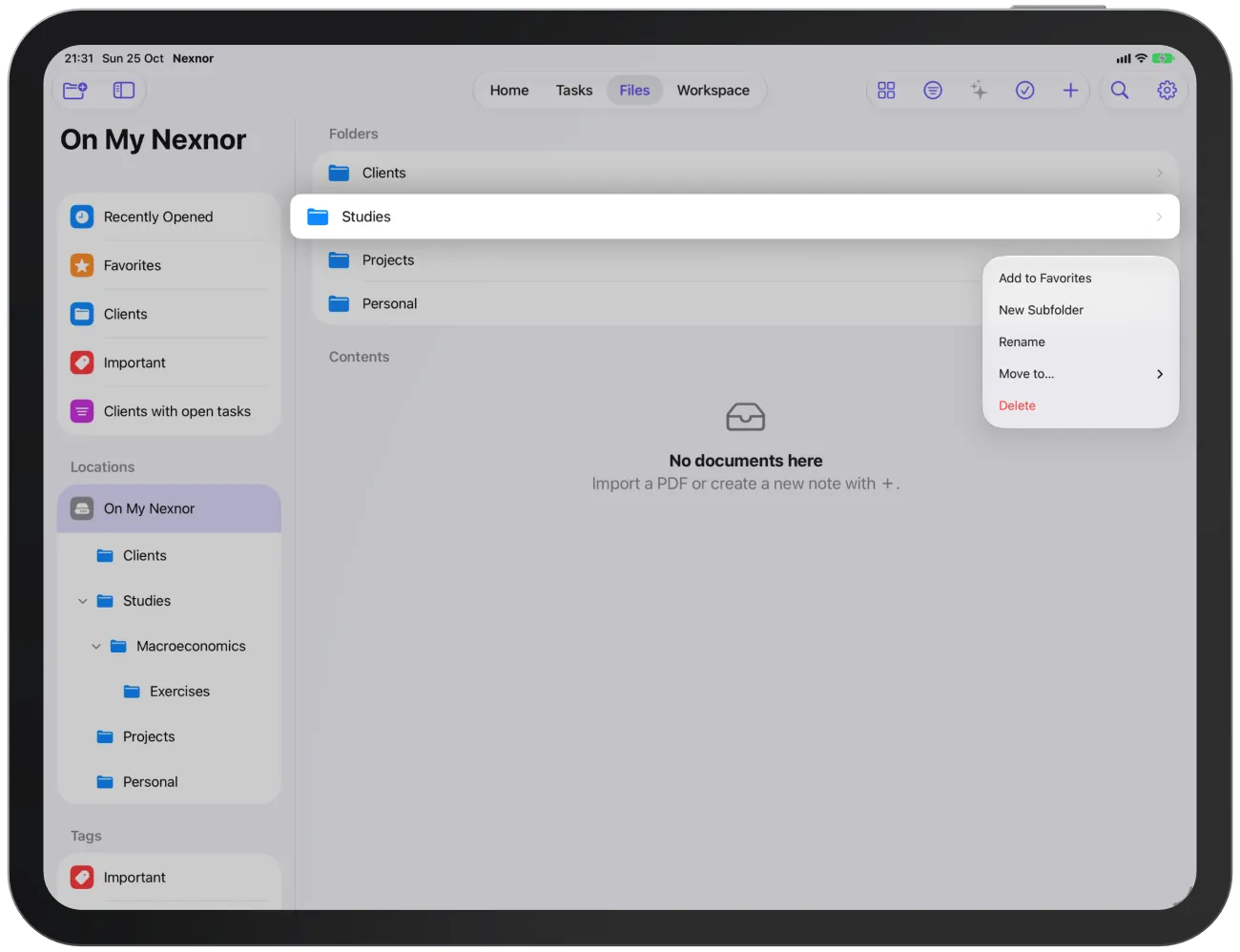 A folder’s menu with favourite, subfolder, rename, move and delete.