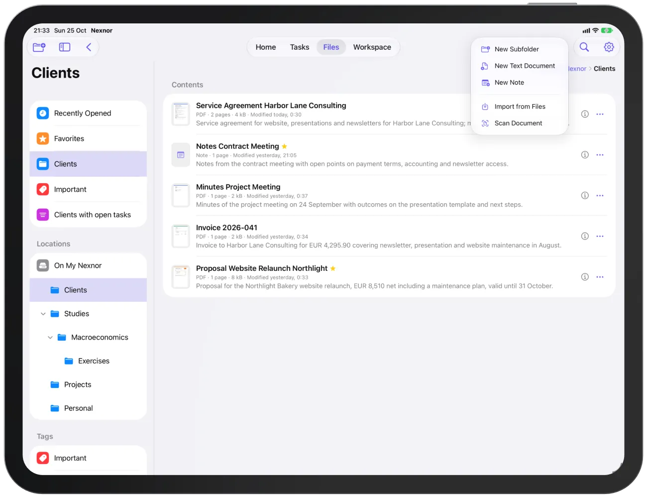 The ＋ menu with new folder, text document, note and import.