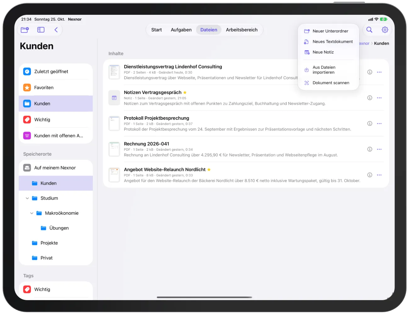 Das Menü ＋ mit neuem Ordner, Textdokument, Notiz und Import.