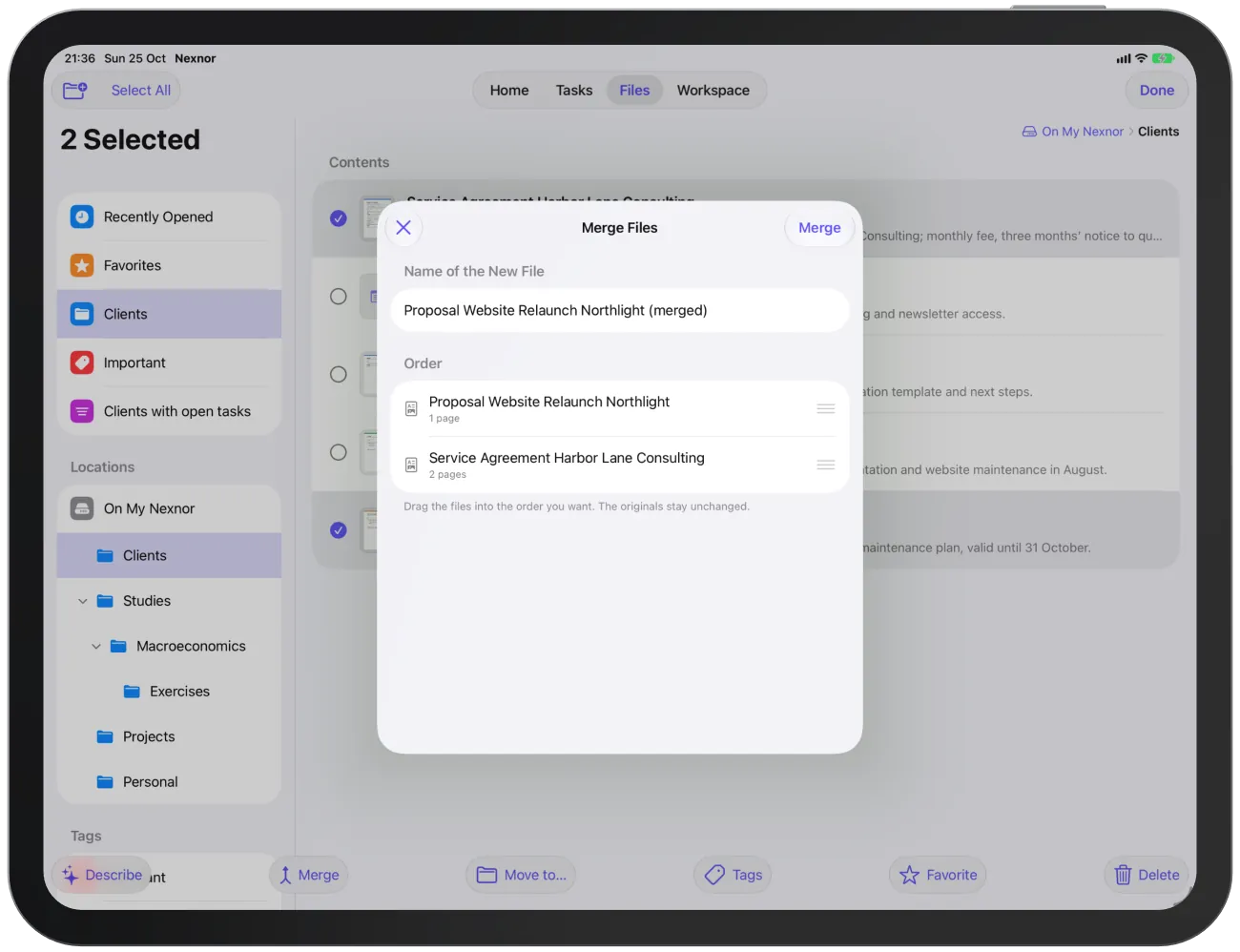 The “Merge Files” dialog with name and order.