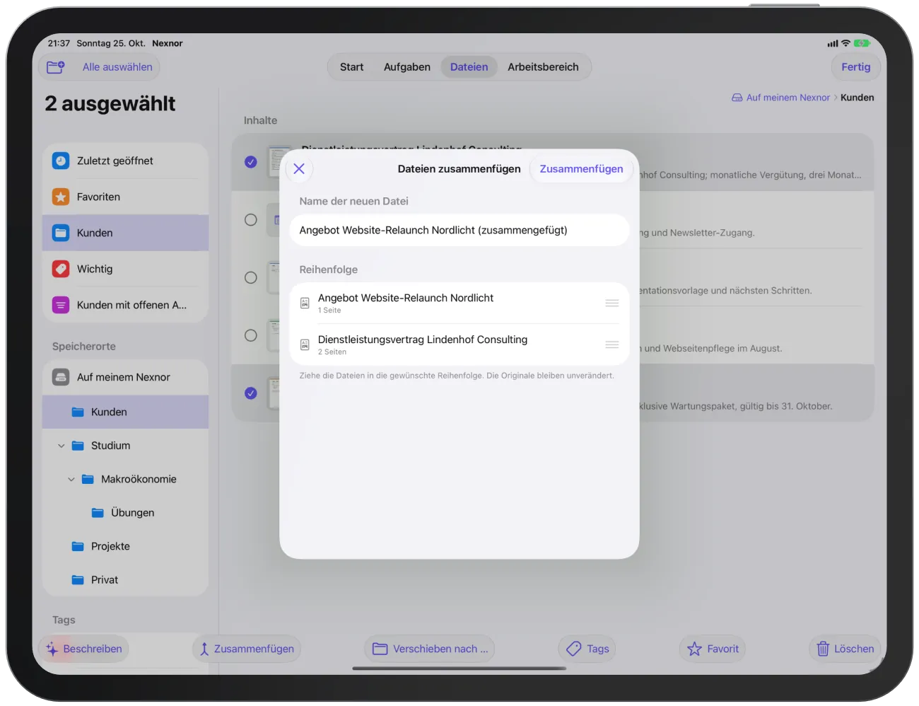 Der Dialog „Dateien zusammenfügen“ mit Name und Reihenfolge.