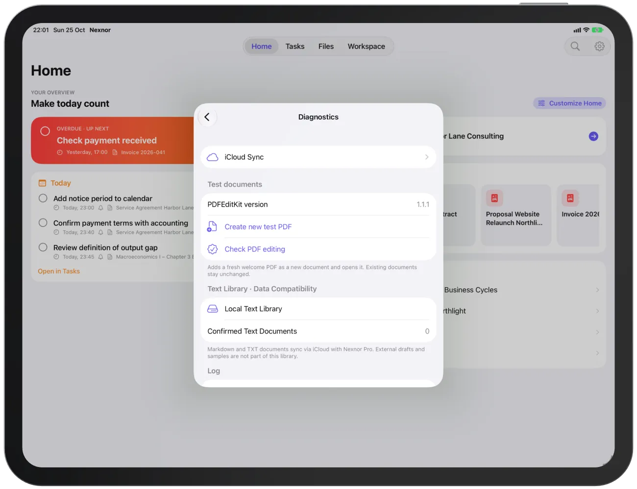 The diagnostics area with iCloud Sync, Log and “End Diagnostic Mode”.