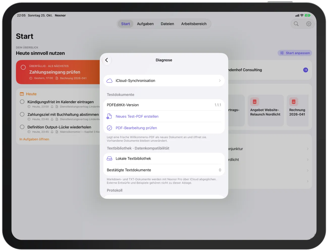 Der Diagnosebereich mit iCloud-Synchronisation, Protokoll und „Diagnosemodus beenden“.