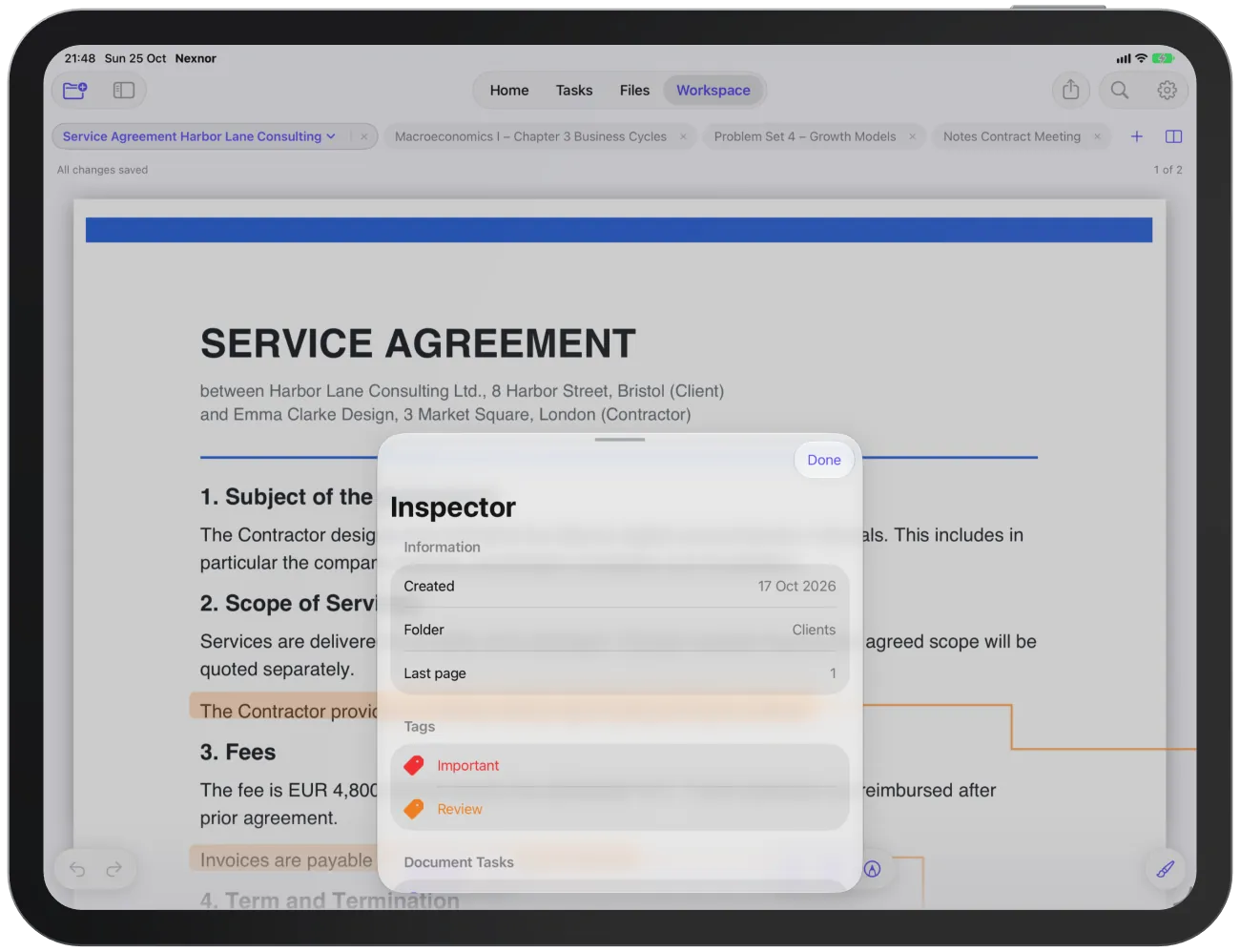 The inspector with information, tags, document tasks and text recognition.