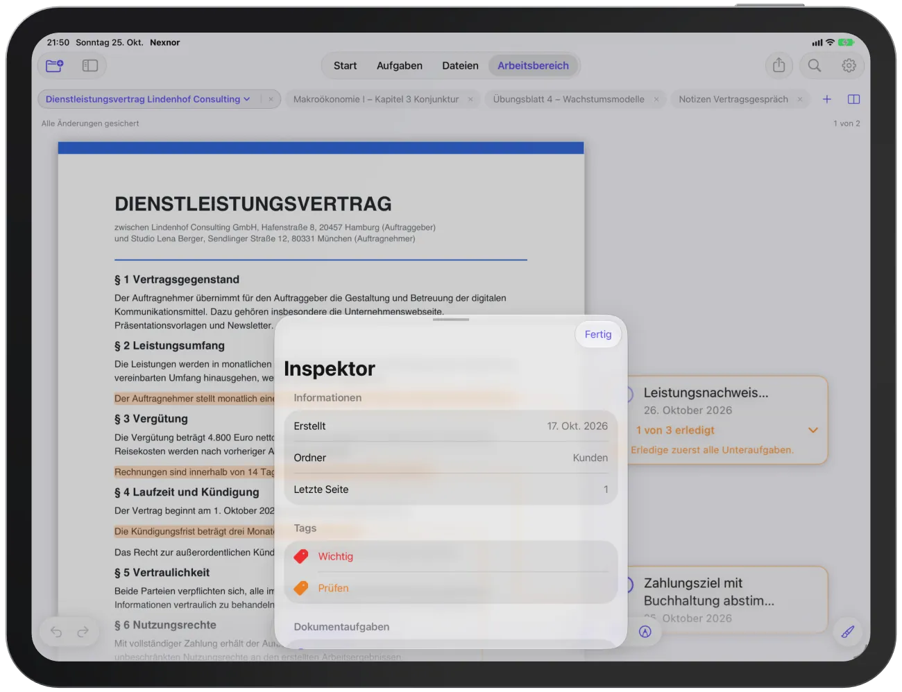 Der Inspektor mit Informationen, Tags, Dokumentaufgaben und Texterkennung.