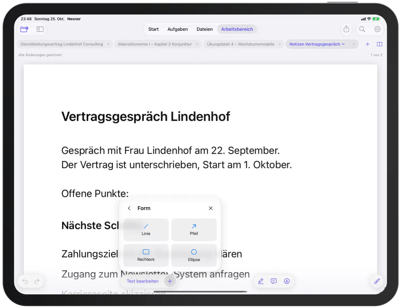 Die Formauswahl im Menü „Einfügen“ mit „Linie“, „Pfeil“, „Rechteck“ und „Ellipse“.