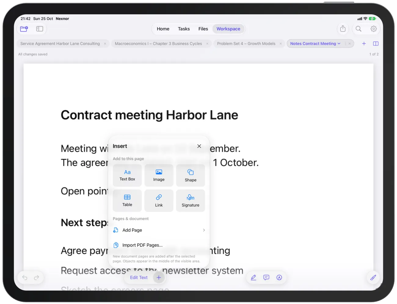 The “Insert” menu with text box, image, shape, table, link, signature and the page actions.