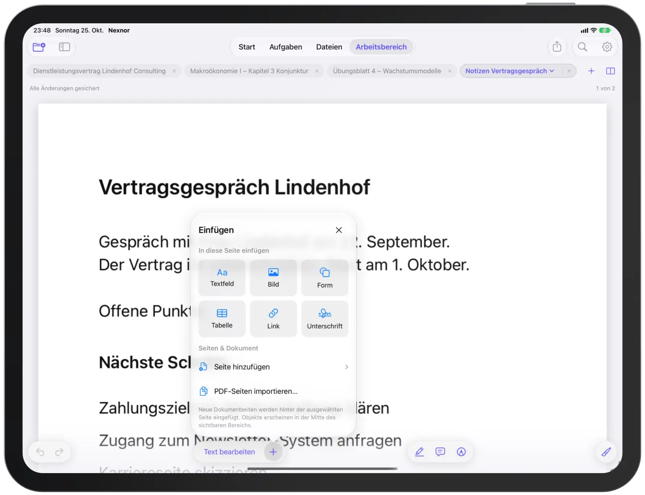 Das Menü „Einfügen“ mit Textfeld, Bild, Form, Tabelle, Link, Unterschrift und den Seiten-Aktionen.