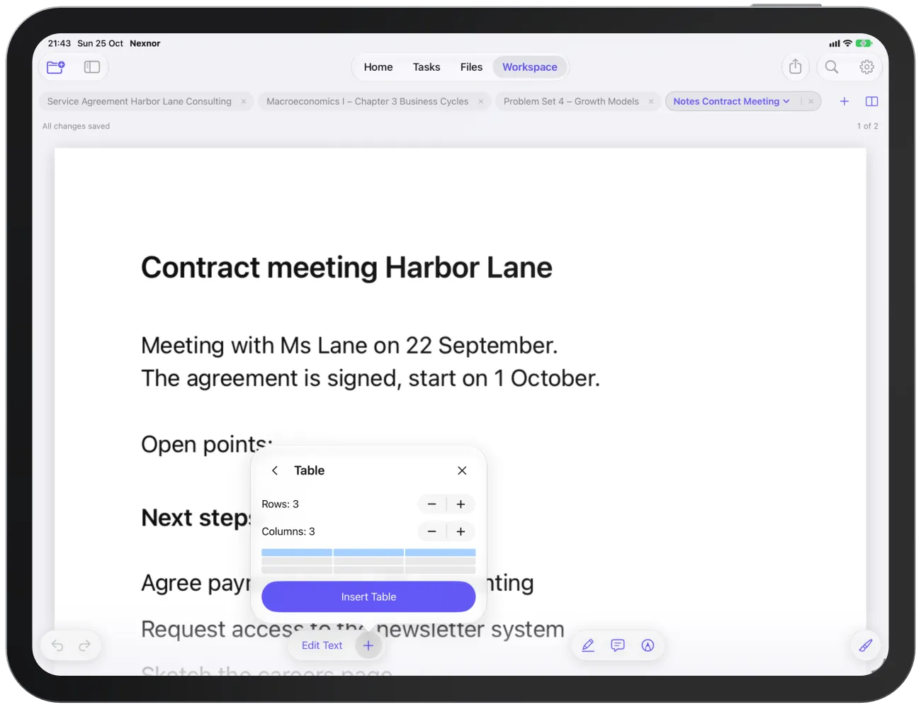 Inserting a table: set rows and columns, the preview shows the grid.