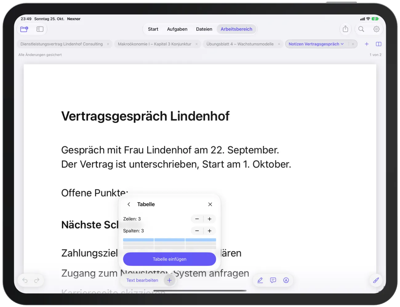 Eine Tabelle einfügen: Zeilen und Spalten einstellen, die Vorschau zeigt das Raster.