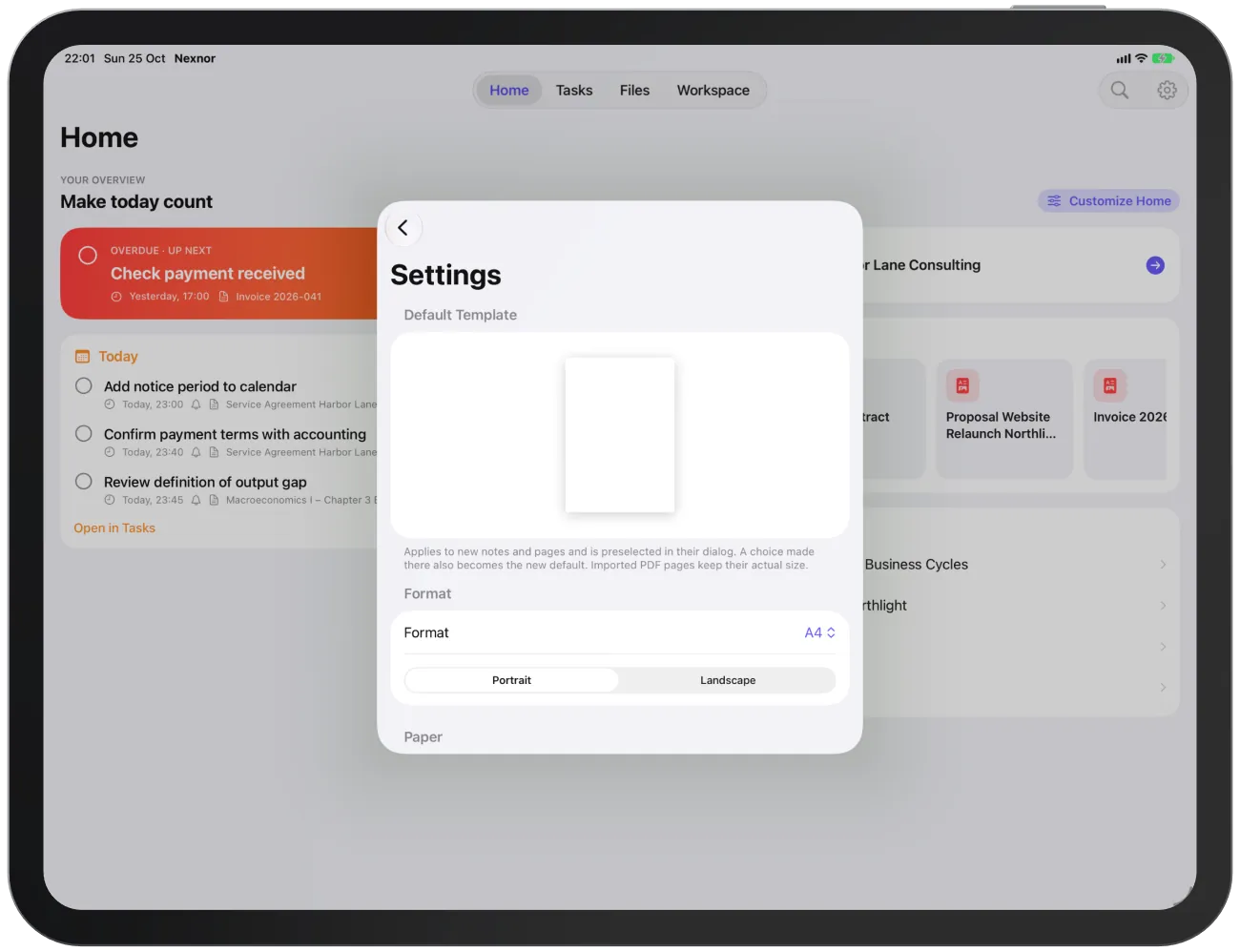 Settings with a preview of the default template, Format, Orientation, Paper and Templates.