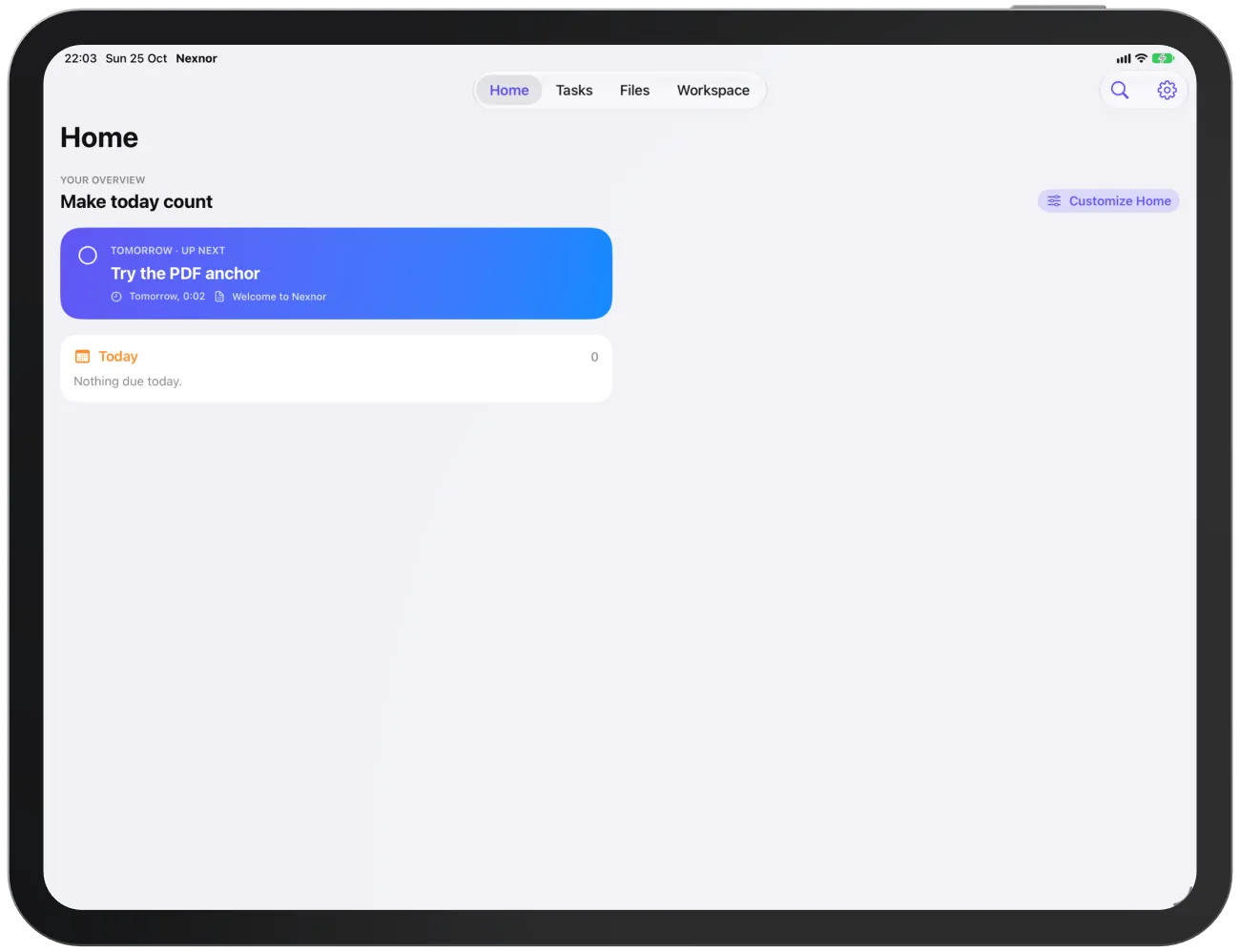 The sample data after first launch: the PDF “Welcome to Nexnor” and the task “Try the PDF anchor”.