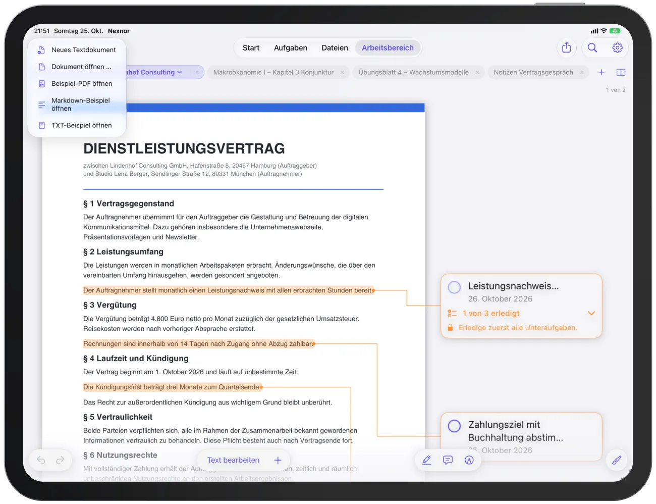 Das Menü hinter dem Ordnersymbol mit „Dokument öffnen …“ und den Beispielen.
