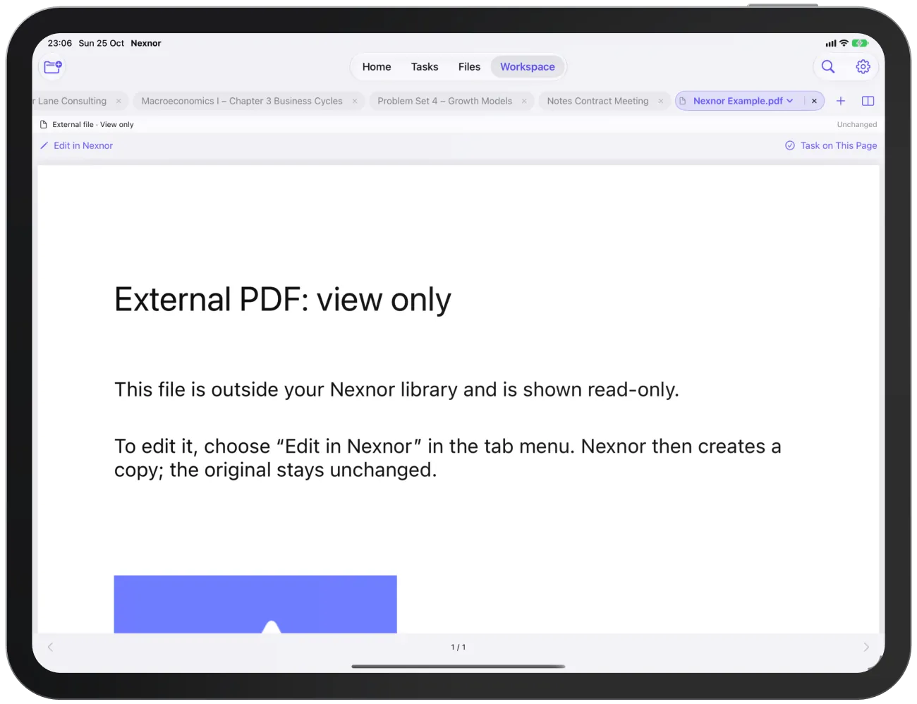 An external PDF opened for reading, with “Edit in Nexnor” and “Task on This Page”.