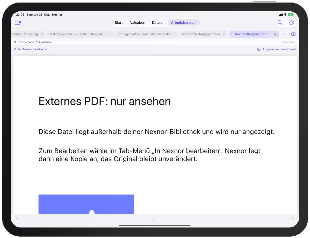 Ein externes PDF in der Leseansicht mit „In Nexnor bearbeiten“ und „Aufgabe an dieser Seite“.