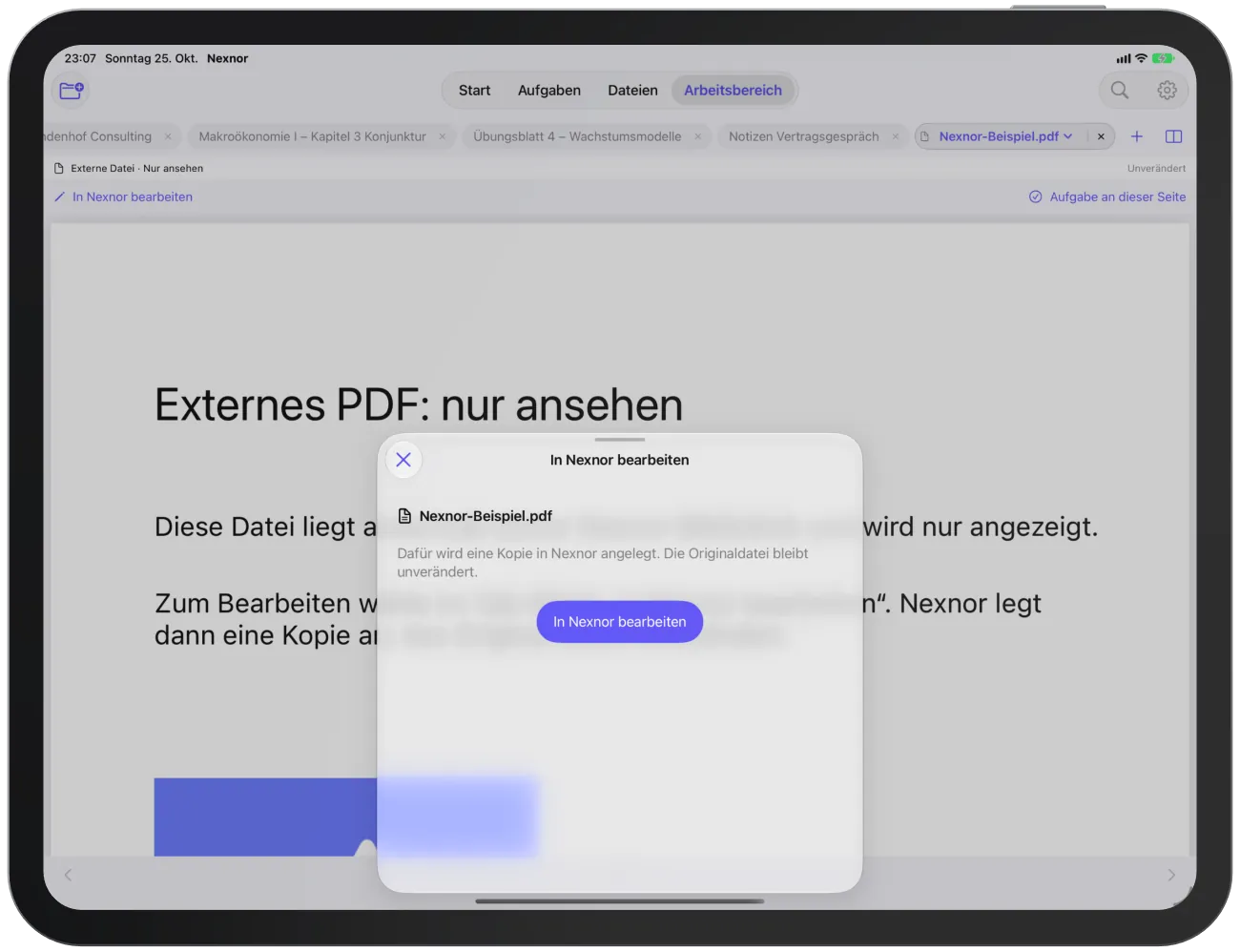 Das Blatt „In Nexnor bearbeiten“: Nexnor legt eine Kopie an, die Originaldatei bleibt unverändert.