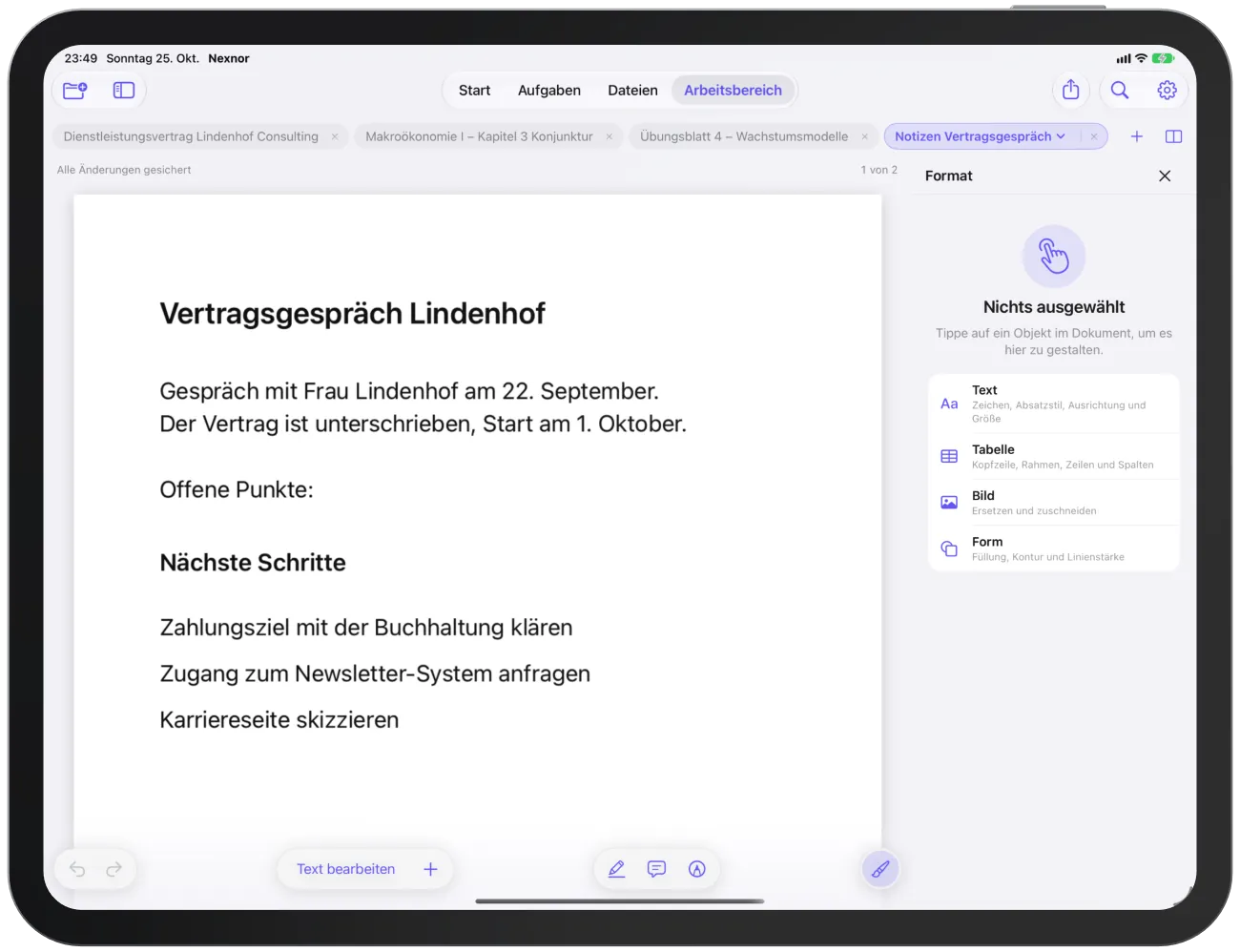 Das Format-Panel ohne Auswahl mit der Übersicht der gestaltbaren Objekte.