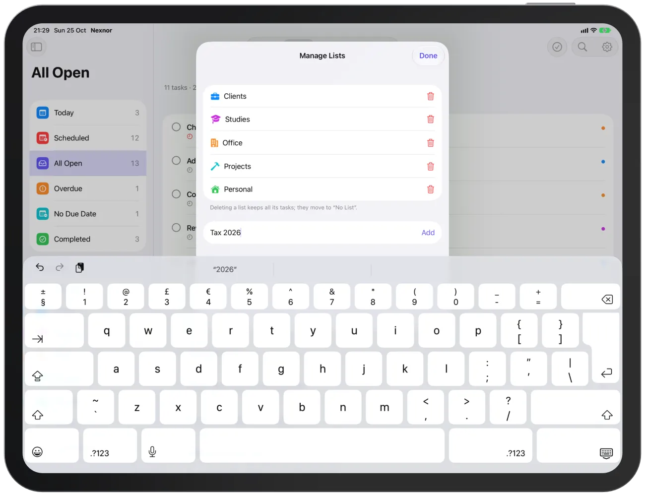 Adding a list: enter a name in “New List” and tap “Add”.
