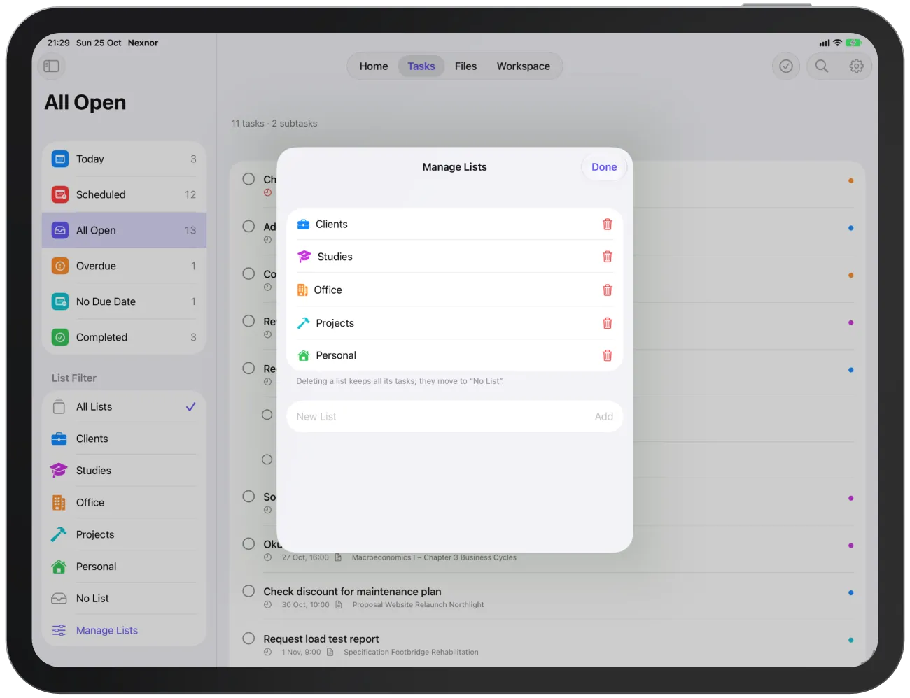The “Manage Lists” sheet with all your lists, trash buttons and the “New List” field.