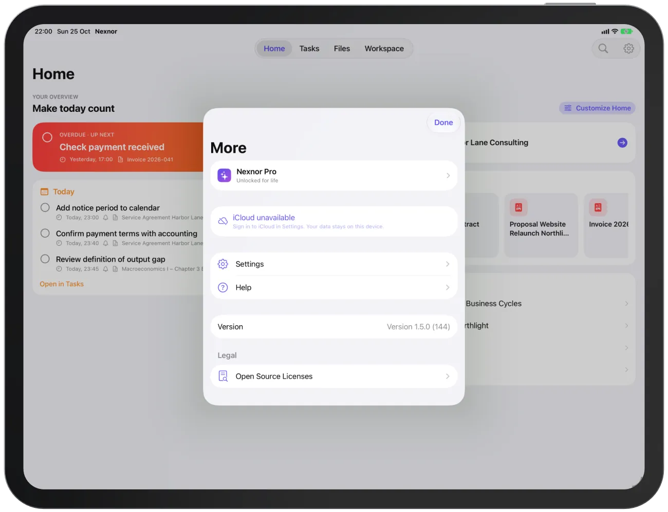 The iCloud sync row in “More” with Nexnor Pro.