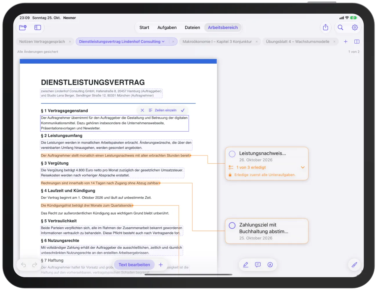 Der Absatz-Editor über einem PDF-Absatz mit neu umbrochenem Text.