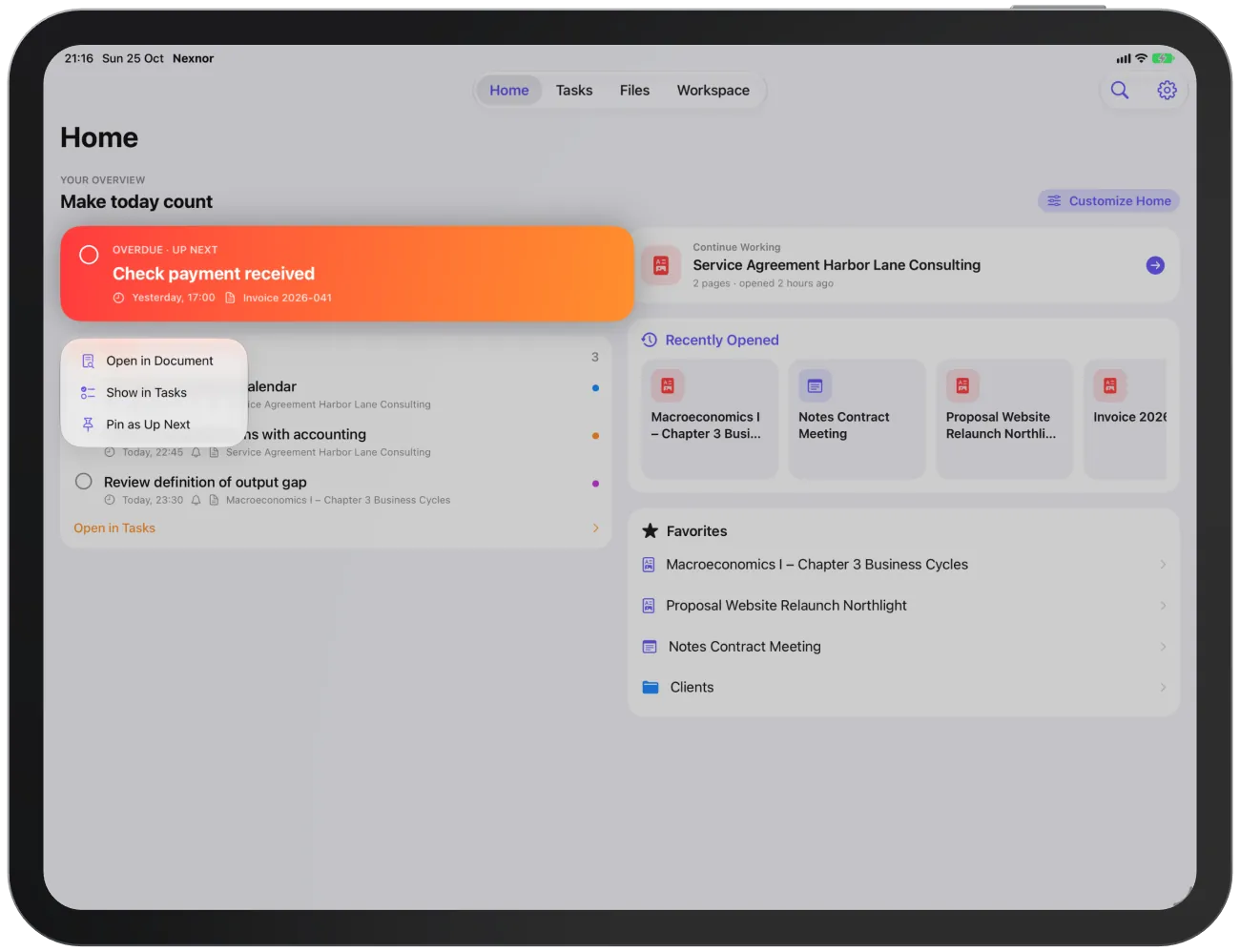 The “Up Next” card menu with “Open in Document”, “Show in Tasks” and “Pin as Up Next”.