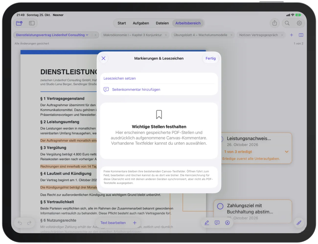 Die Liste „Markierungen & Lesezeichen“ eines Vertrags mit Filter und gespeicherten Stellen.