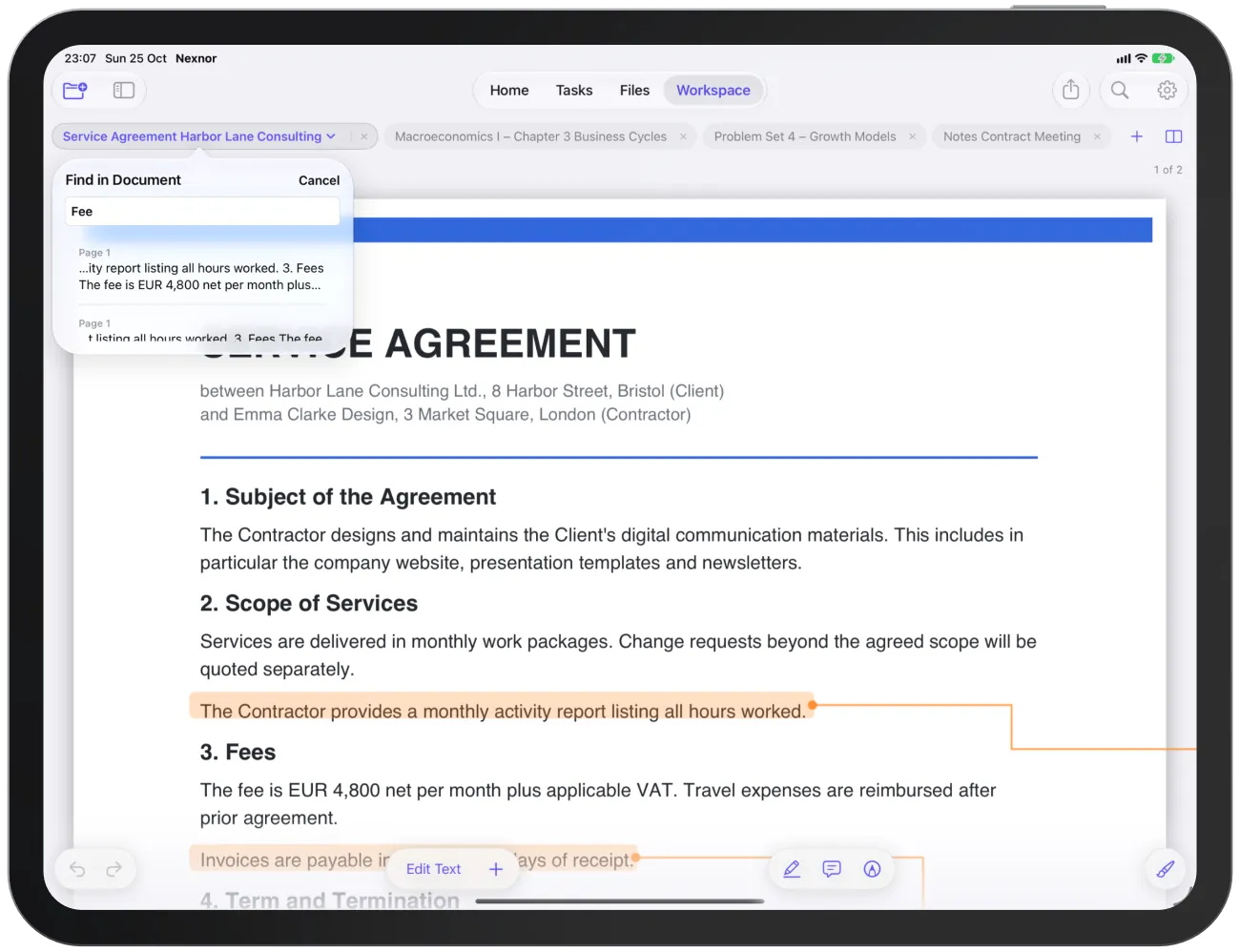 “Find in Document” with the list of matches and page numbers.