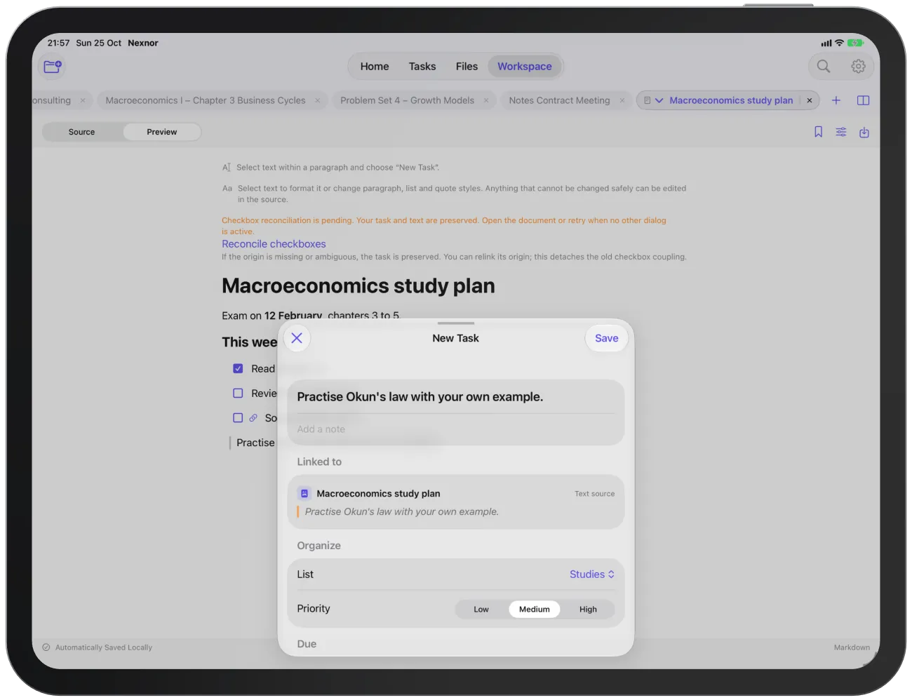 The task editor uses the selected text as the title and shows the passage under “Linked to”.