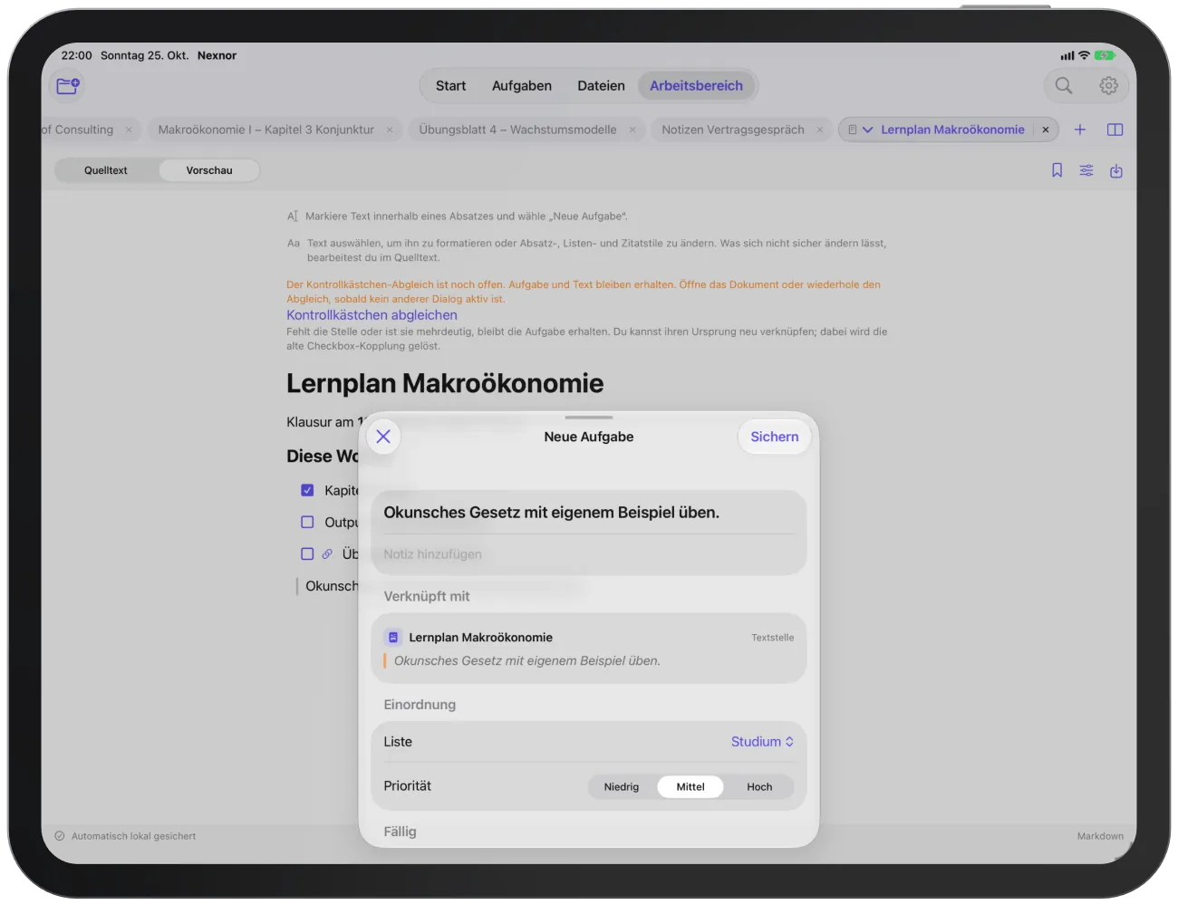 Der Aufgabeneditor übernimmt den markierten Text als Titel und zeigt unter „Verknüpft mit“ die Textstelle.