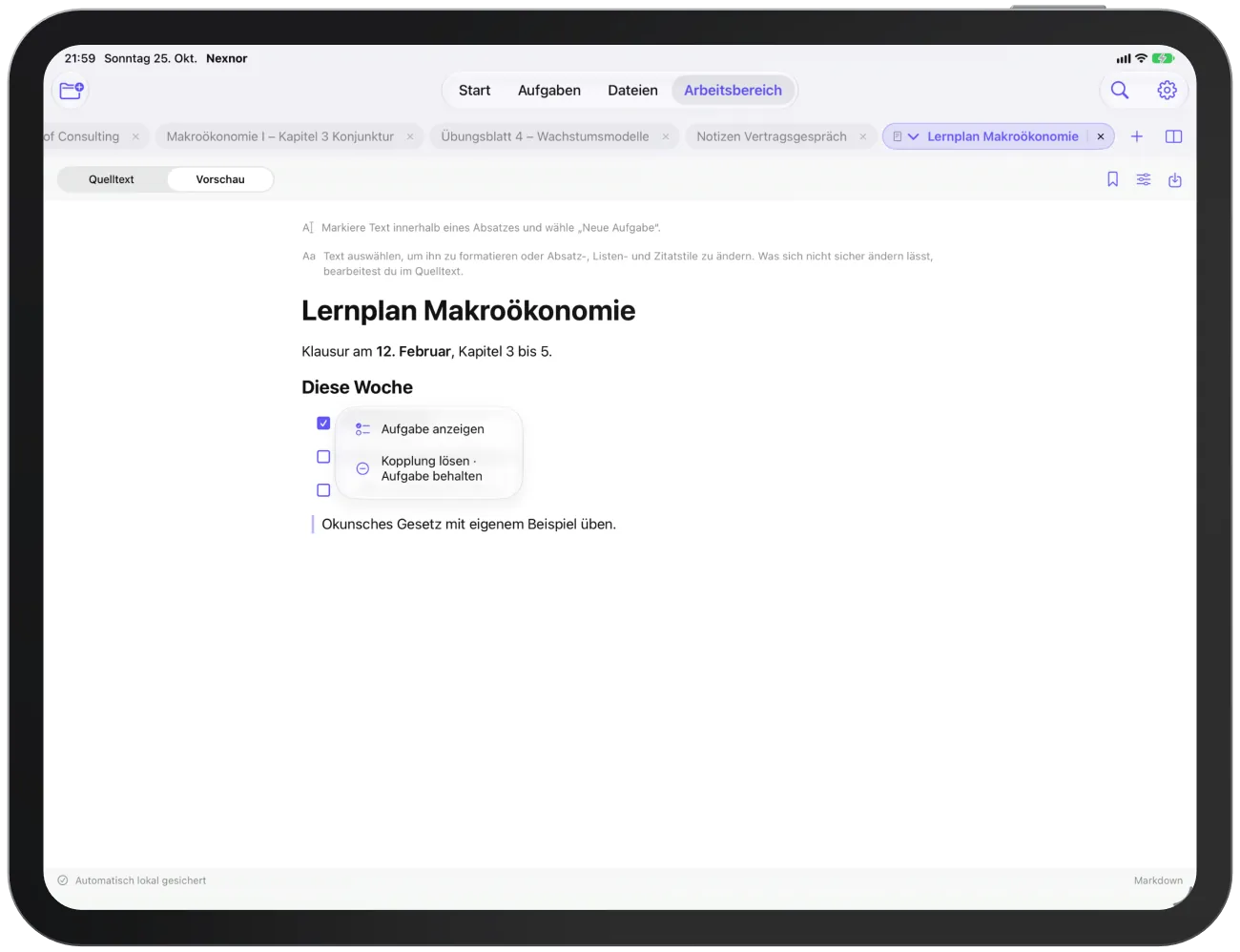 Eine gekoppelte Checkbox trägt ein Link-Symbol; sein Menü zeigt die Aufgabe oder löst die Kopplung.