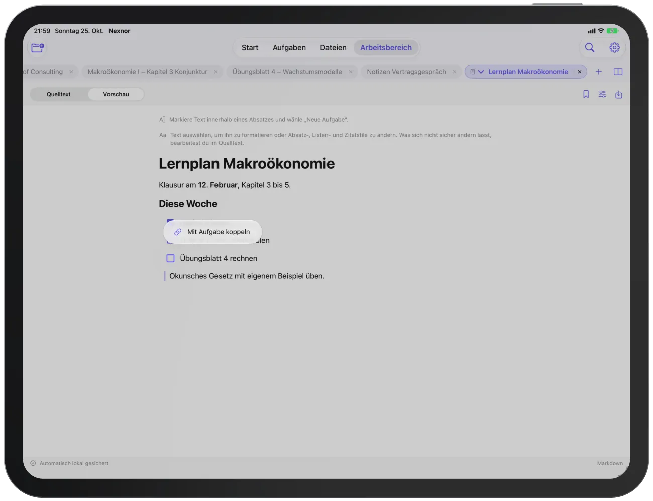 Langes Drücken auf die Checkbox öffnet „Mit Aufgabe koppeln“.