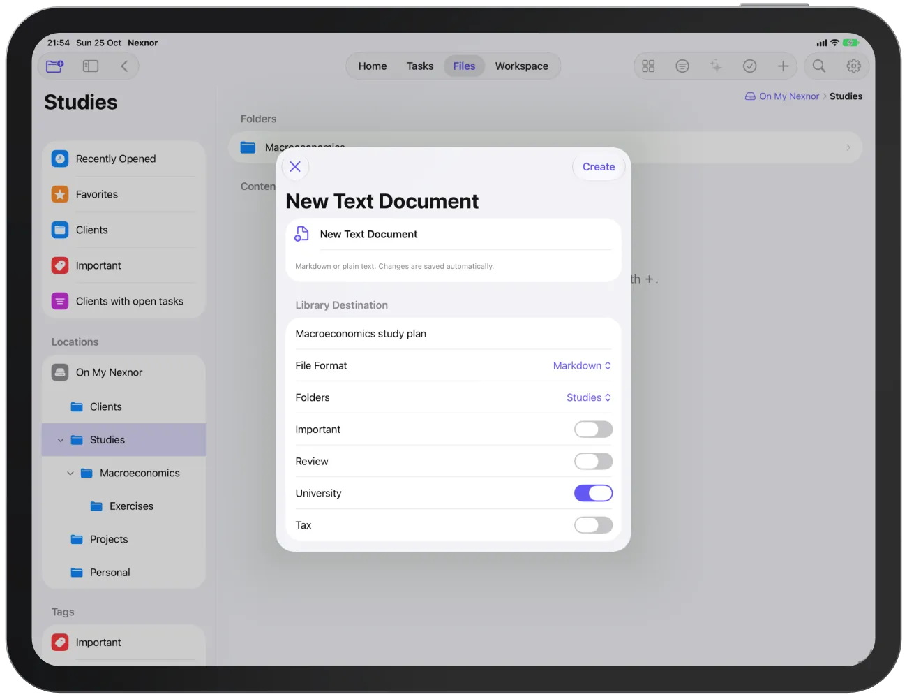 The “New Text Document” sheet with name, file format, folder and tags.