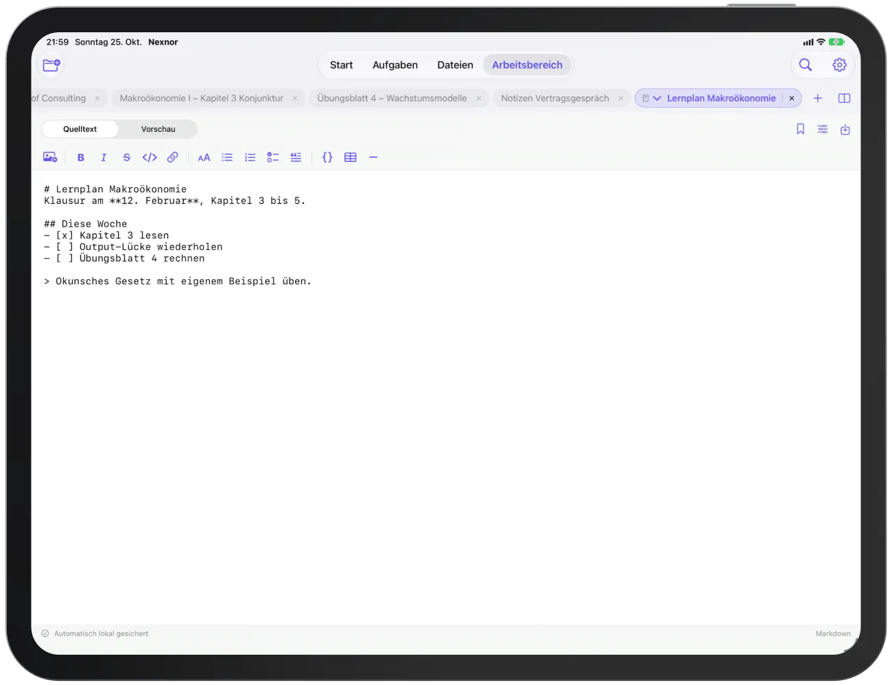 Dasselbe Dokument im Quelltext mit der Formatierungsleiste.