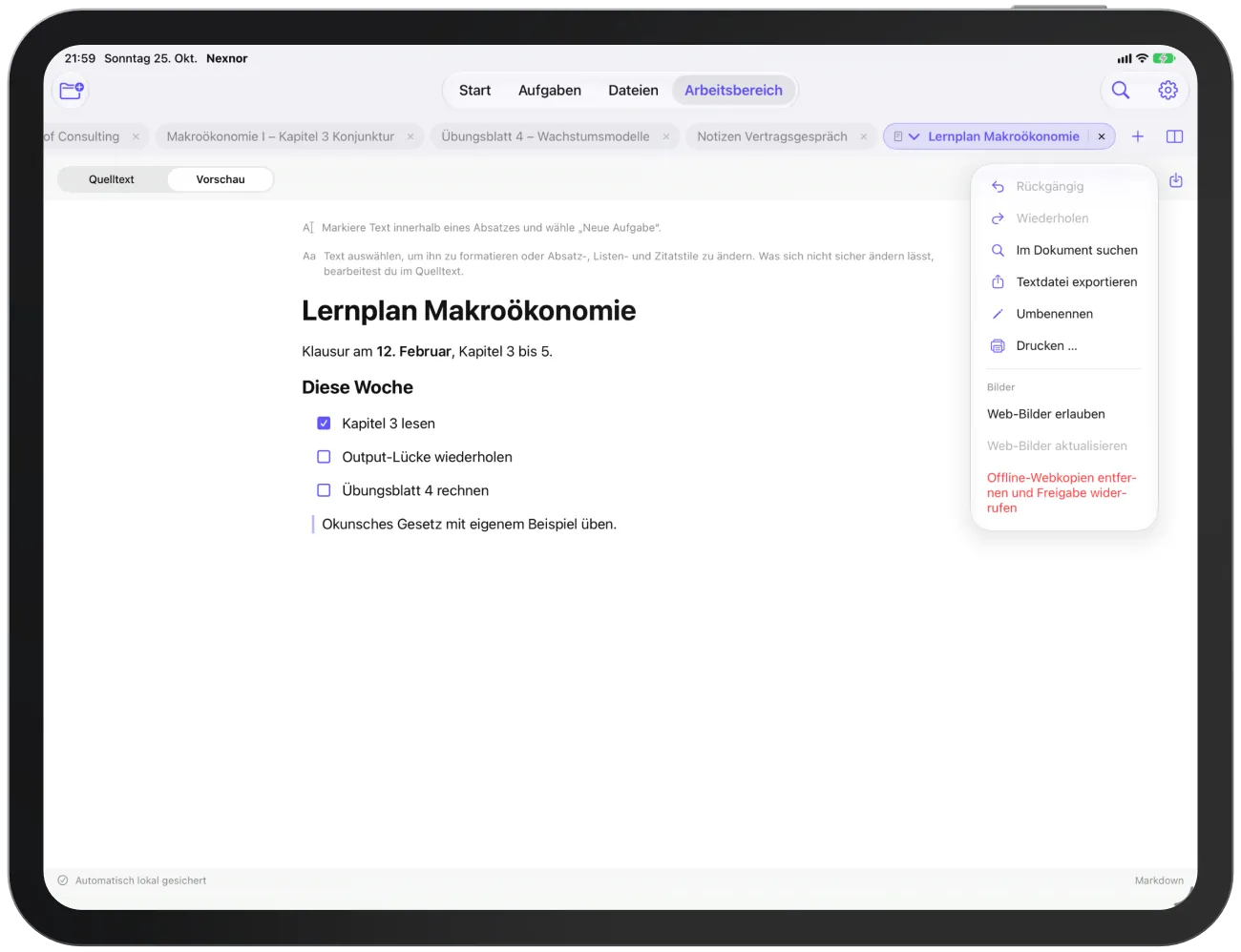 Das Menü „Textwerkzeuge“ eines Markdown-Dokuments.