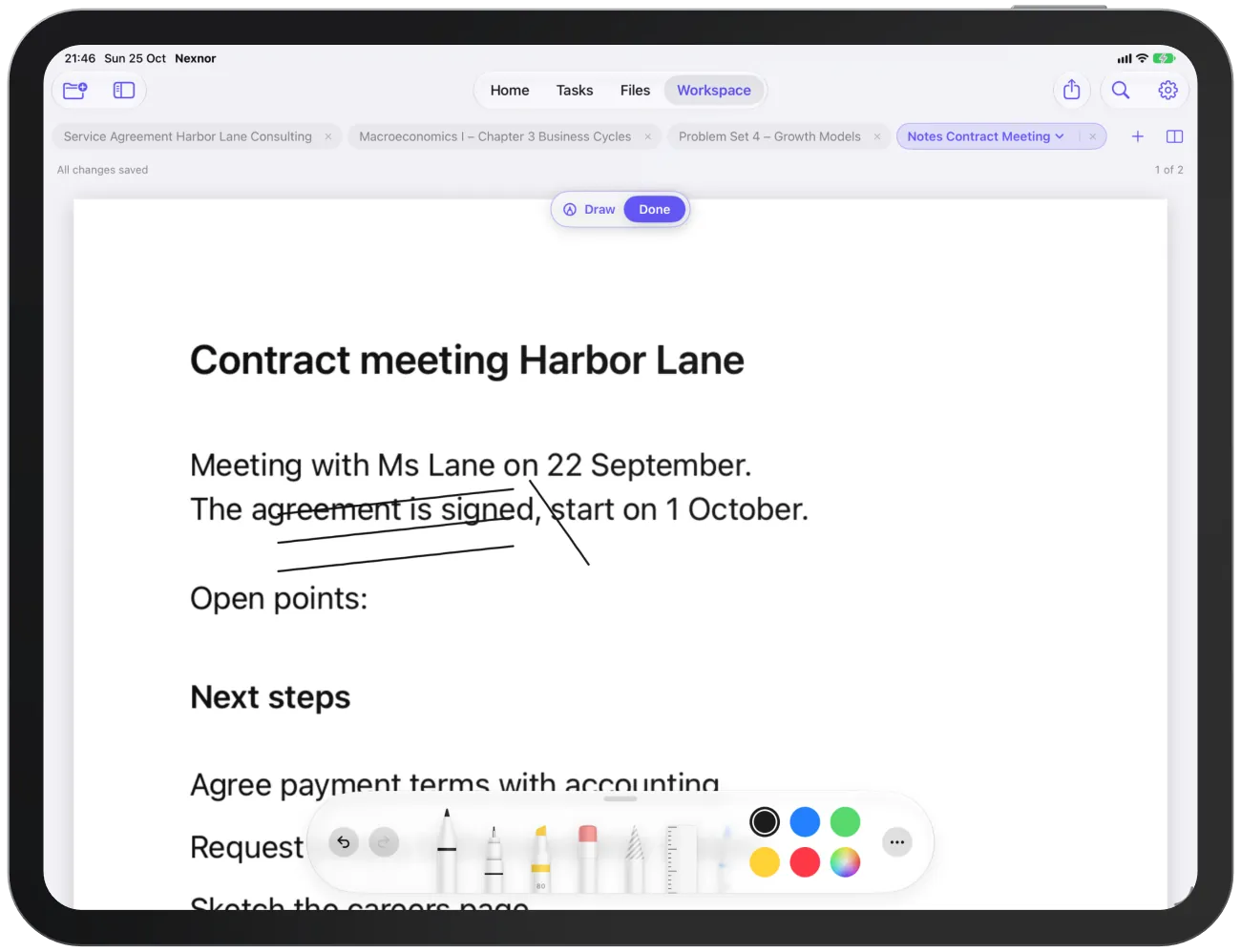 Handwriting on a note with the tool palette showing.