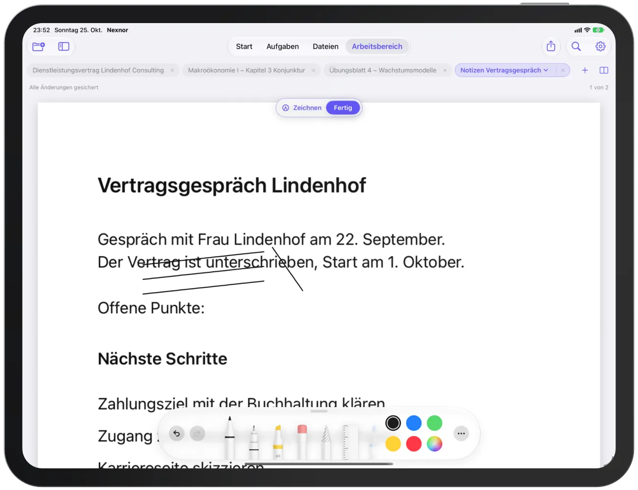 Handschrift auf einer Notiz mit eingeblendeter Werkzeugpalette.