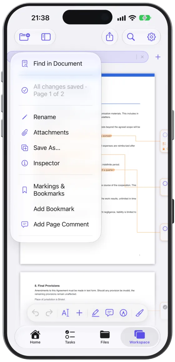 The document menu of a PDF with find, rename, inspector, markings and zoom levels.