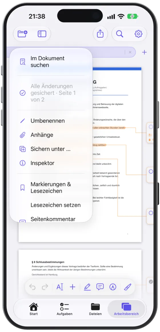 Das Dokumentmenü eines PDFs mit Suche, Umbenennen, Inspektor, Markierungen und Zoomstufen.