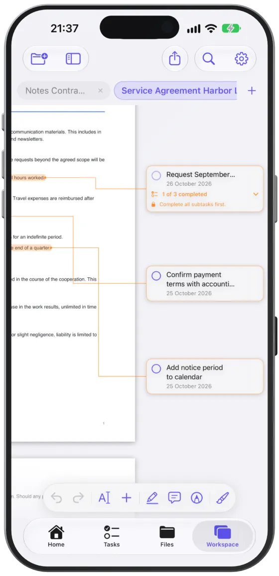 A document in the Workspace on iPhone with the tool bar at the bottom.