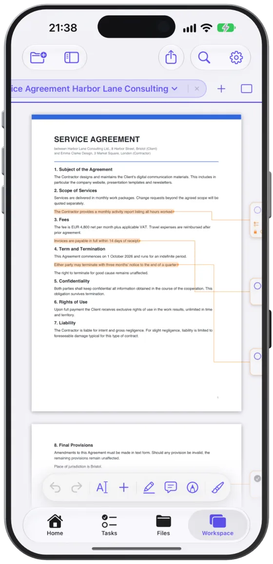 Split View with a contract in the left column and lecture notes in the right column.