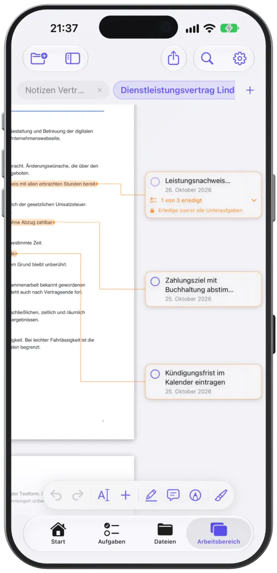 Ein Dokument im Arbeitsbereich auf dem iPhone mit der Werkzeugleiste am unteren Rand.