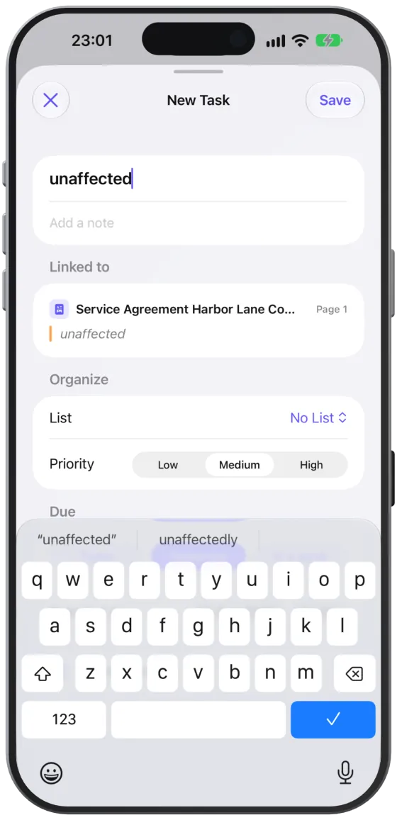 The “New Task” editor with the selected text as the title.