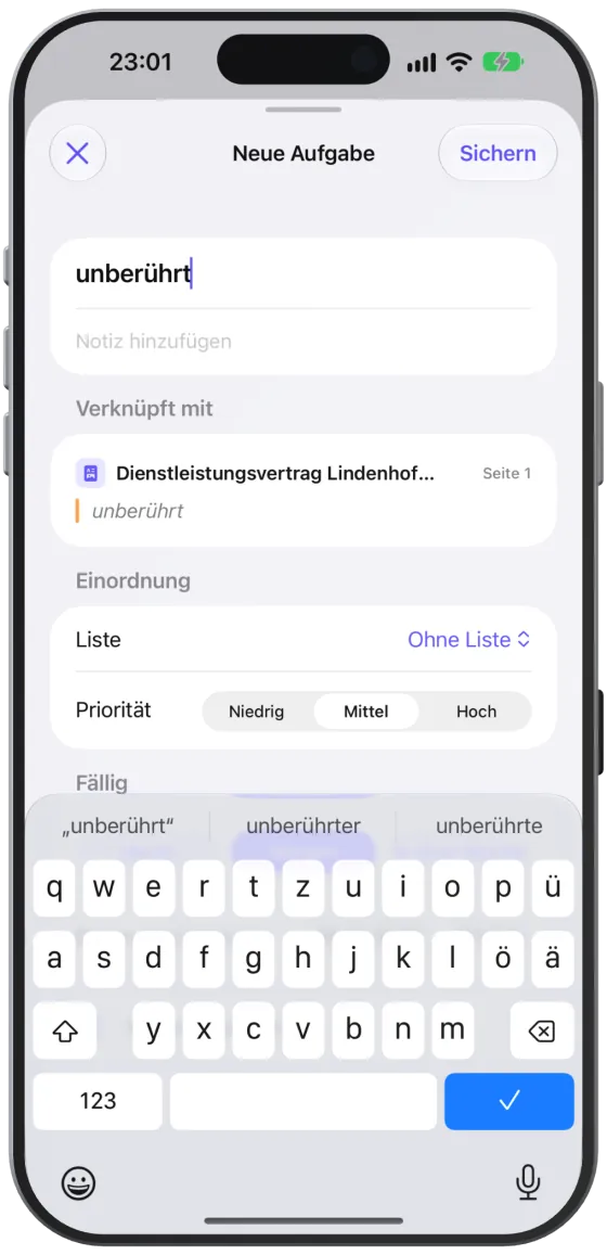 Der Editor „Neue Aufgabe“ mit dem markierten Text als Titel.