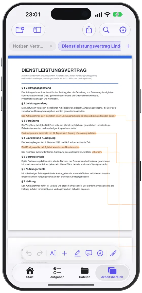 Die fertige Aufgabenkarte am Seitenrand, mit einer Linie zur Textstelle verbunden.
