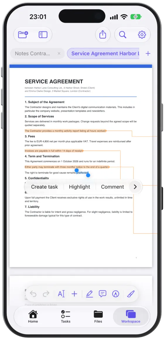 Selected text in a PDF with the “Create task” menu item.