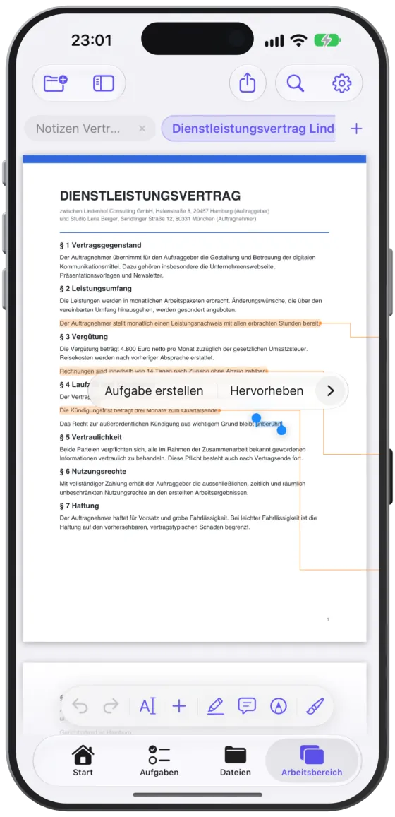 Markierter Text im PDF mit dem Menüeintrag „Aufgabe erstellen“.